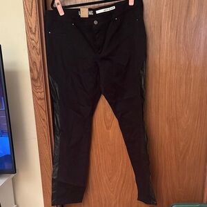 DKNY Black Jeans with Button Accent. Faux leather side accents
